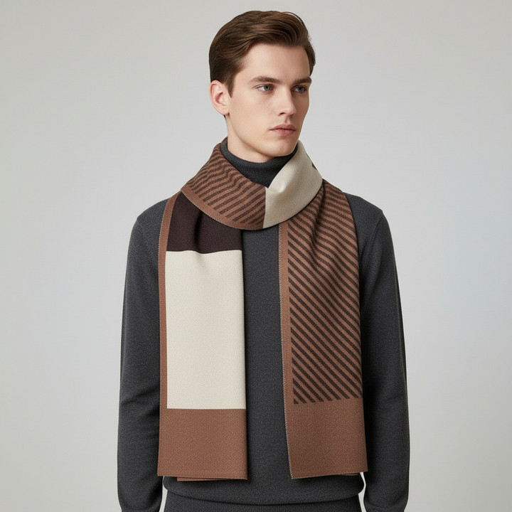 Soft men's cashmere blend scarf in a rich burgundy, detailed view of the luxurious knit, stylish accessory