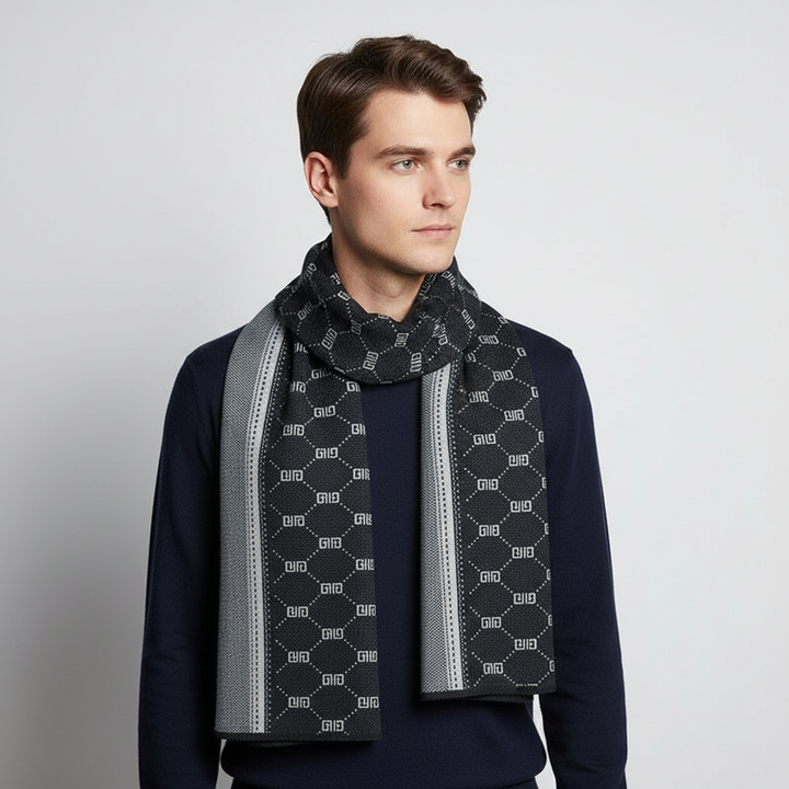 Cozyline men's cashmere blend winter scarf, charcoal gray, lying flat, showcasing gentle fabric and warmth