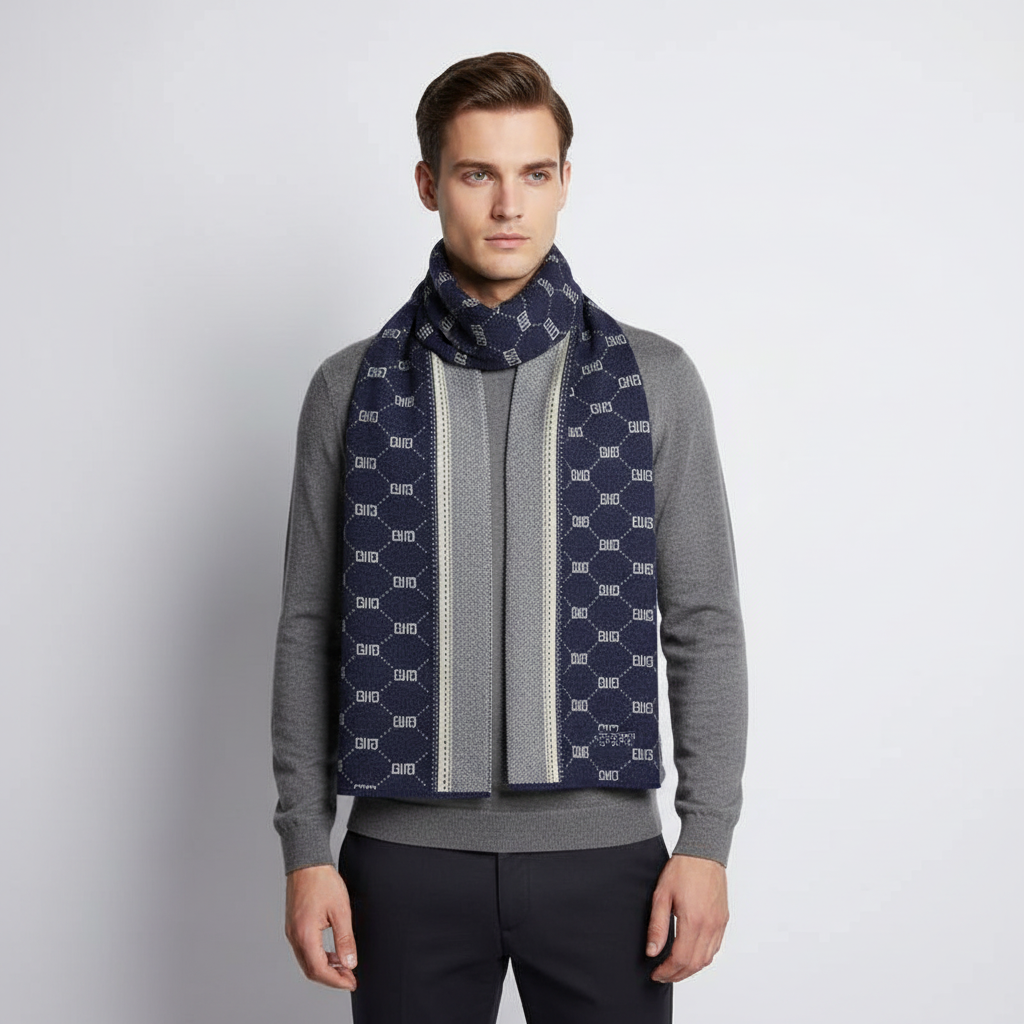 Men's warm cashmere blend scarf in a deep forest green, close-up of fringe detail, elegant and cozy