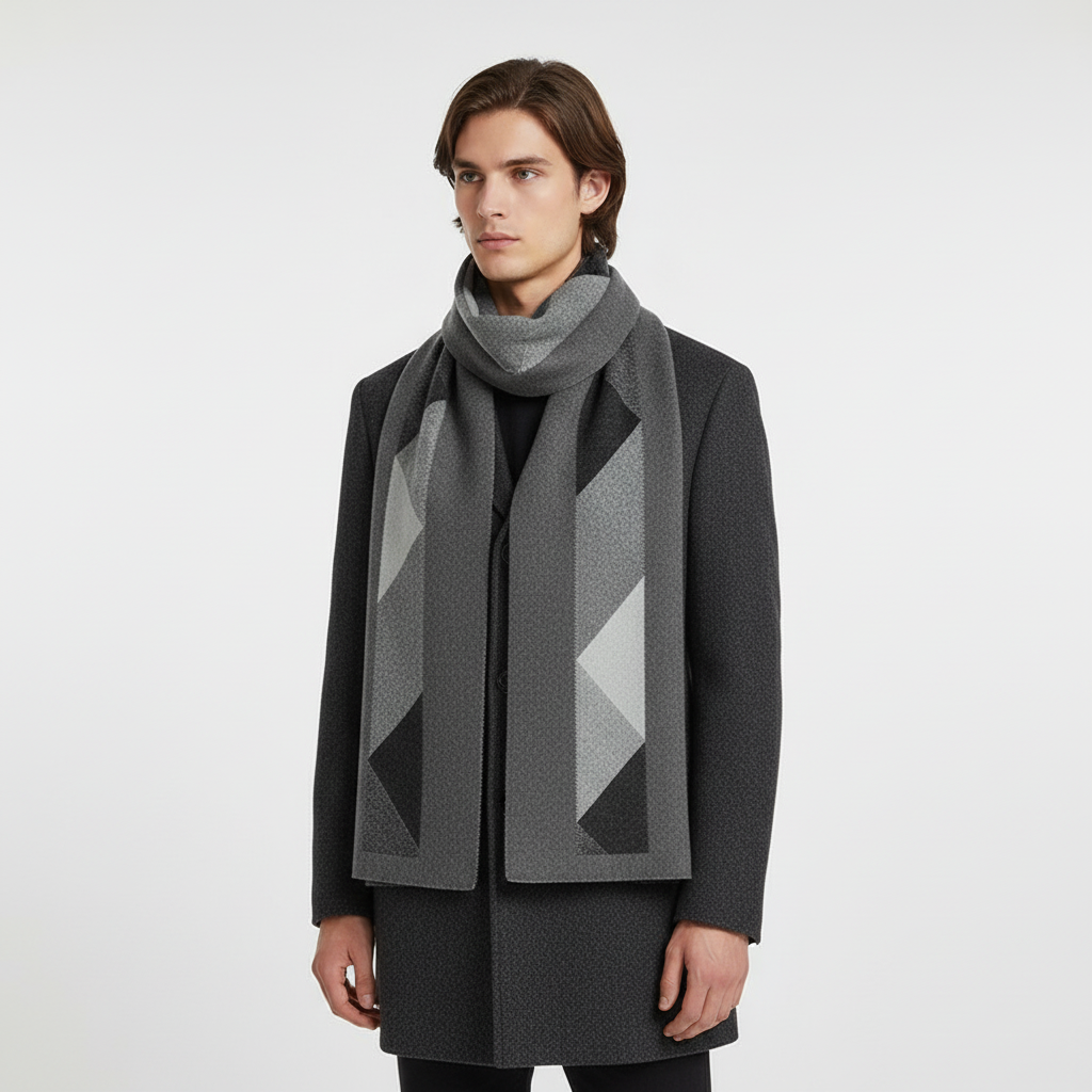 Luxurious men's winter scarf, fine cashmere blend, classic navy, folded in packaging for gift presentation