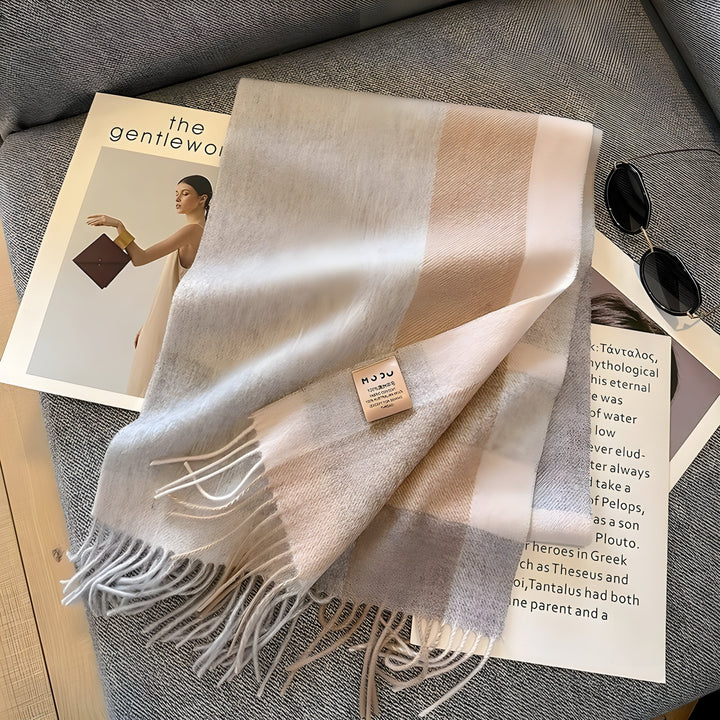 Timeless women's plaid cashmere scarf, a warm & stylish checked accessory for winter fashion.