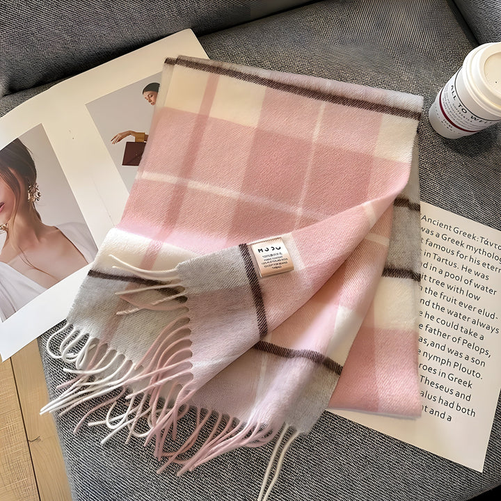 Fashionable women's checked cashmere scarf, designed for warmth, comfort, & winter style.