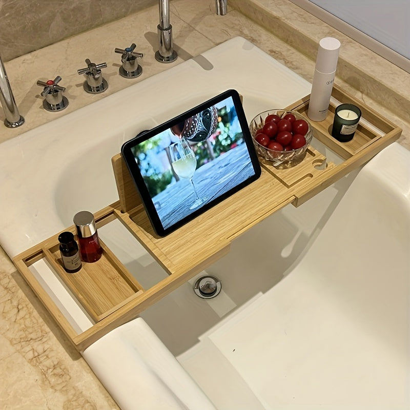 Sleek, natural bamboo bathtub tray. A premium bath caddy for luxurious bathroom decor & organization.