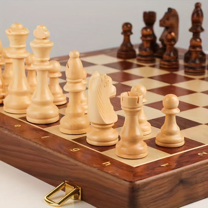 Adults enjoying a classic strategy board game with a luxury solid wood chess set