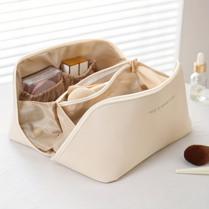Luxury PU leather travel makeup organizer bag with secure zipper closure, top handle for women's beauty.