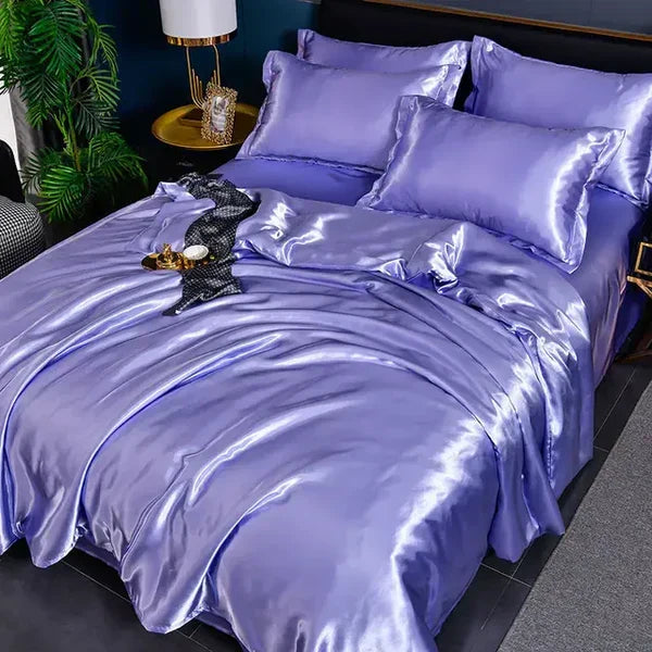 Elegant silky satin bedding, smooth texture for a luxurious sleep experience and home decor.