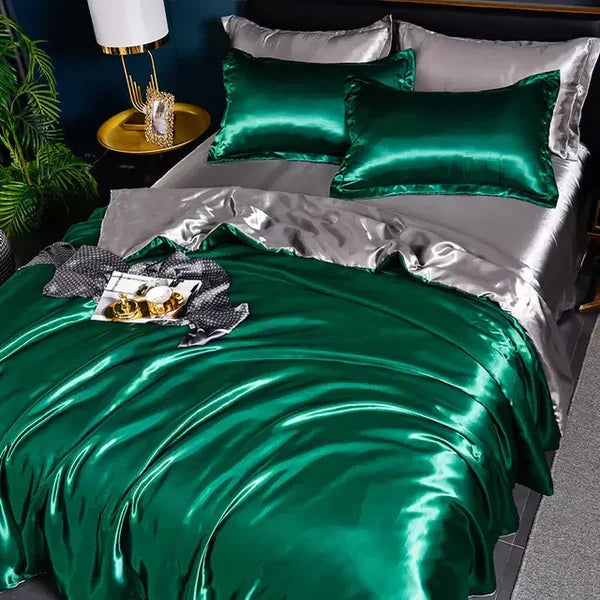 Velora satin duvet set, soft and smooth, ideal for elegant bedroom decor and a comfy sleep.