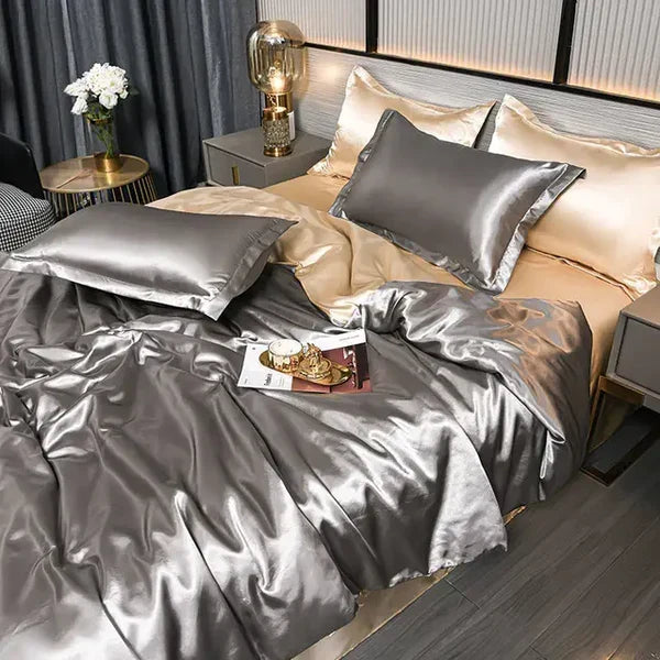 Modern, machine washable satin duvet set, luxurious feel for any bedroom, durable and elegant.
