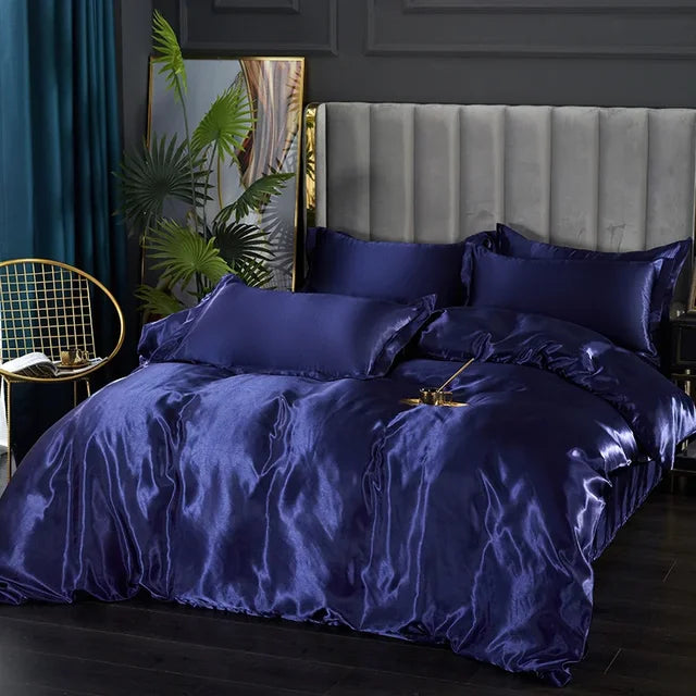 Silky satin duvet cover with discreet zipper closure, emphasizing quality and design.