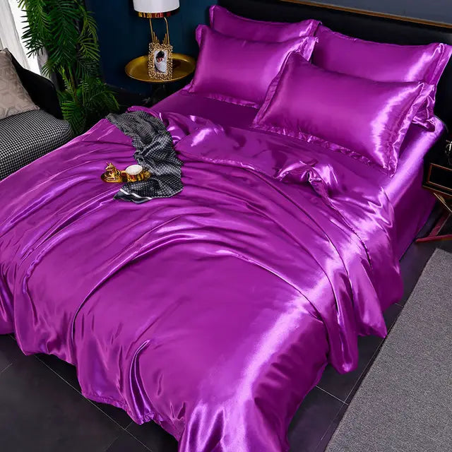Solid colored satin bedding set, offering a smooth touch and stylish bedroom update.