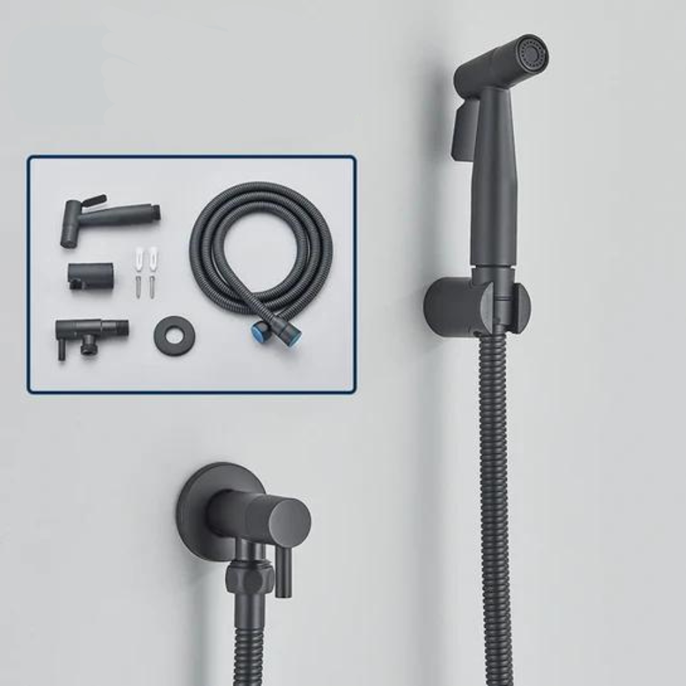 Premium stainless steel bidet hand shower, PureFlow adjustable sprayer for luxurious bathroom hygiene & comfort.