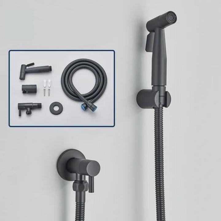 Premium stainless steel bidet hand shower, PureFlow adjustable sprayer for luxurious bathroom hygiene & comfort.