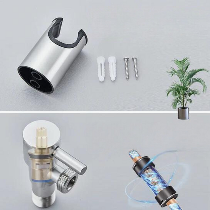 Modern PureFlow bidet hand shower for a clean, fresh bathroom experience. Stainless steel sprayer ensures hygiene.