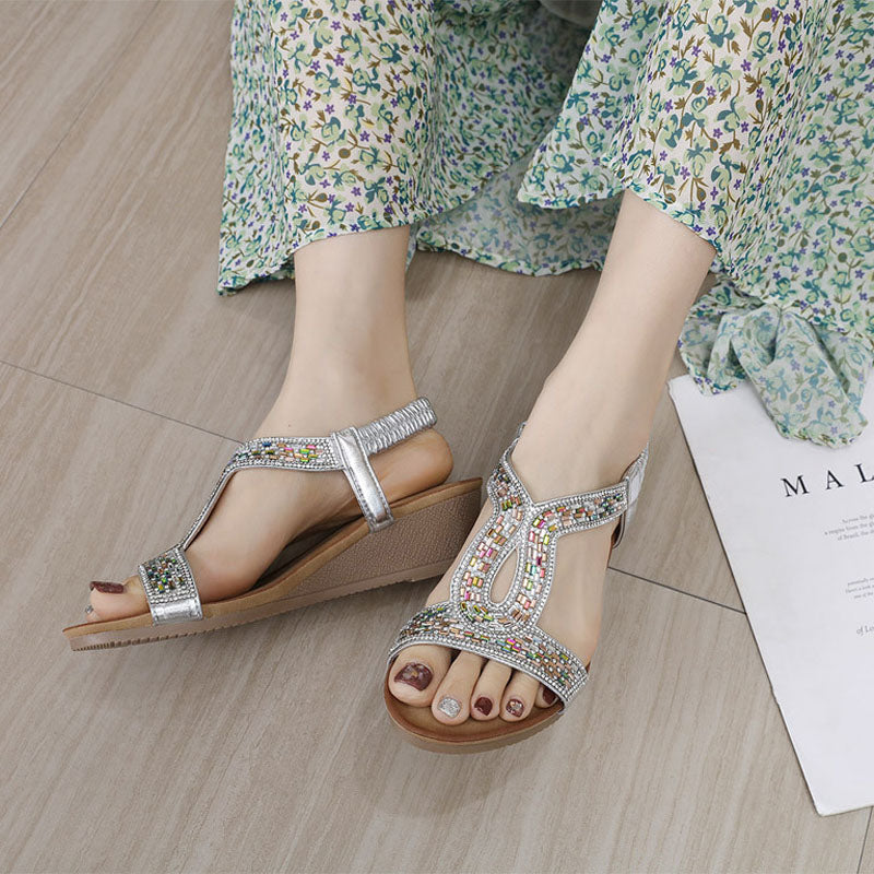 Beautiful women's dress sandals: elegant wedge with eye-catching rhinestone embellishments.