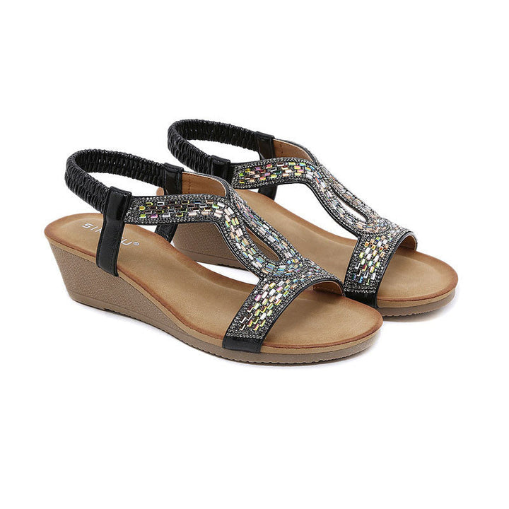 Sparkly women's rhinestone wedge sandals, adding a touch of glamour to your summer wardrobe.