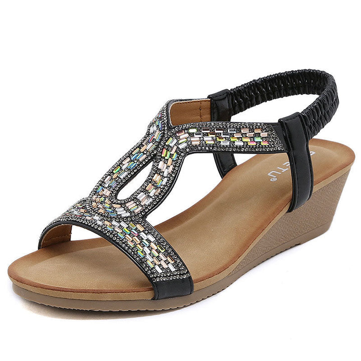 Sophisticated ladies' luxury wedge sandals, adorned with shimmering rhinestones for a chic look.