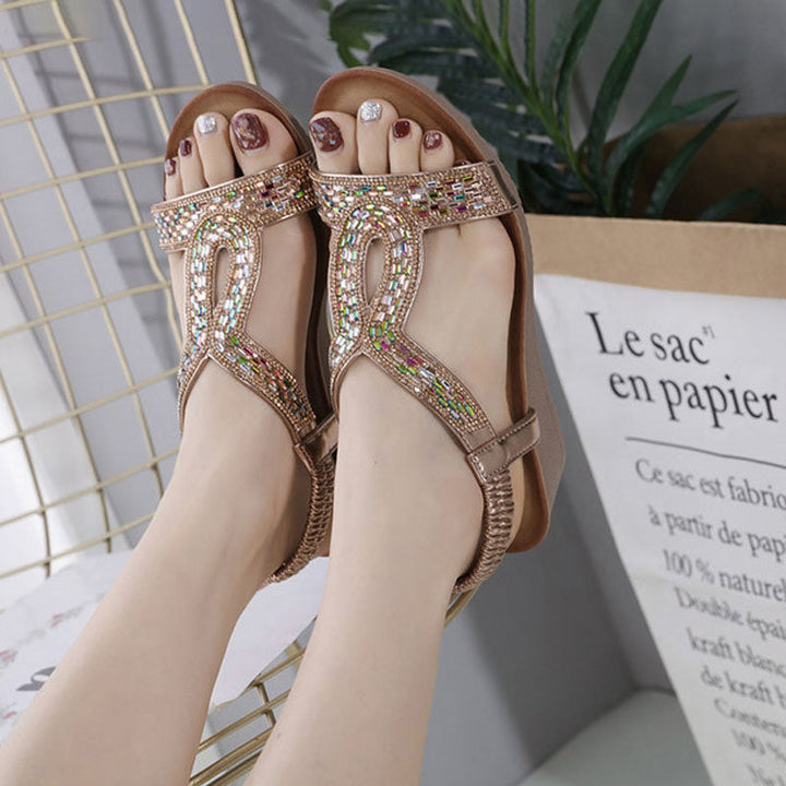 Stylish women's platform wedge sandals, adorned with shimmering rhinestones for summer.