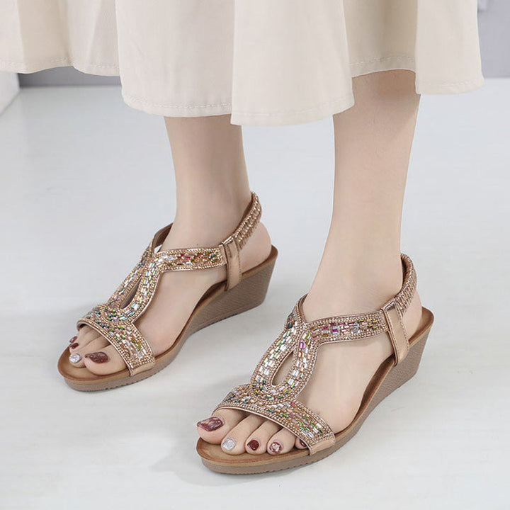 Comfortable women's luxury wedge sandals, featuring sparkling rhinestones & supportive sole.
