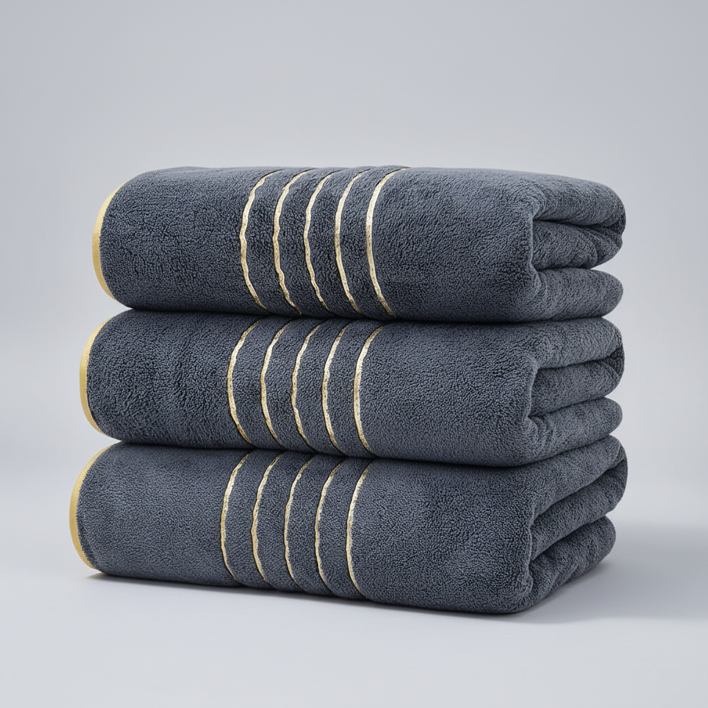 Close-up of soft, absorbent LuxuryWrap microfiber bath towel pile, perfect for home textiles