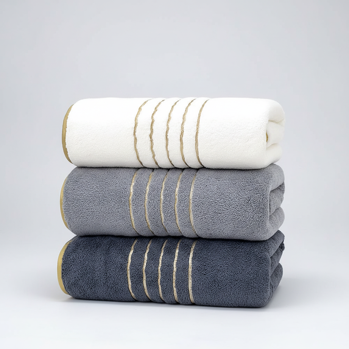 LuxuryWrap adult bath towel set, made of soft microfiber, enhancing bathroom decor with stripes