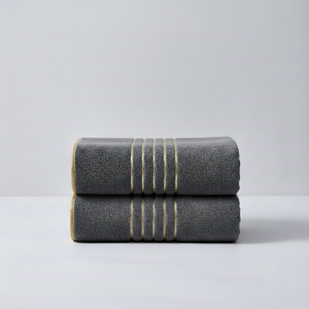 LuxuryWrap striped microfiber bath towel set in soft white & grey, highly absorbent & quick-drying.