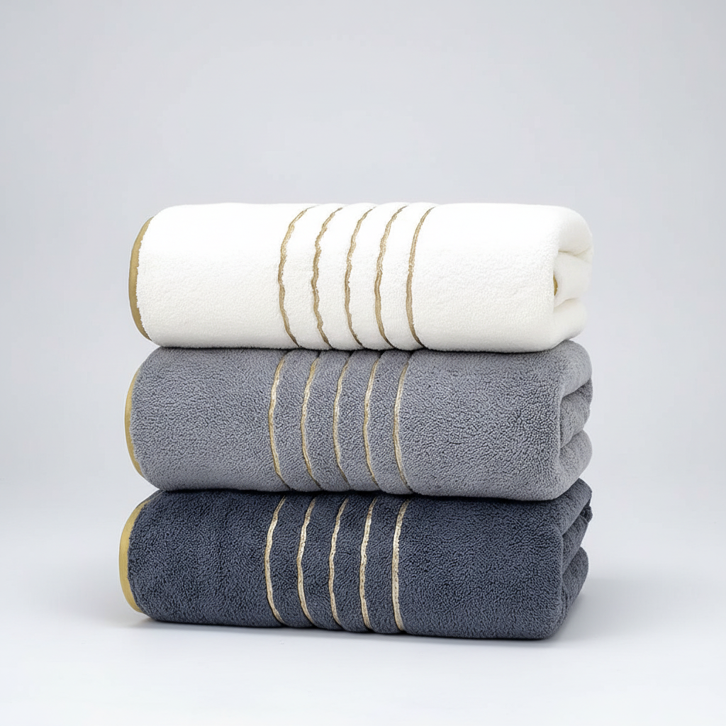 LuxuryWrap bath towel set featuring two striped towels and a hand towel, perfect for modern bathroom decor.