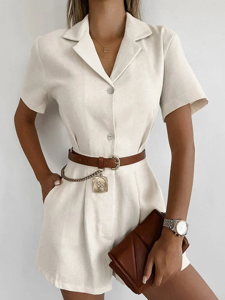 Stylish women's linen short sleeve jumpsuit in beige, ideal for summer and office friendly fashion
