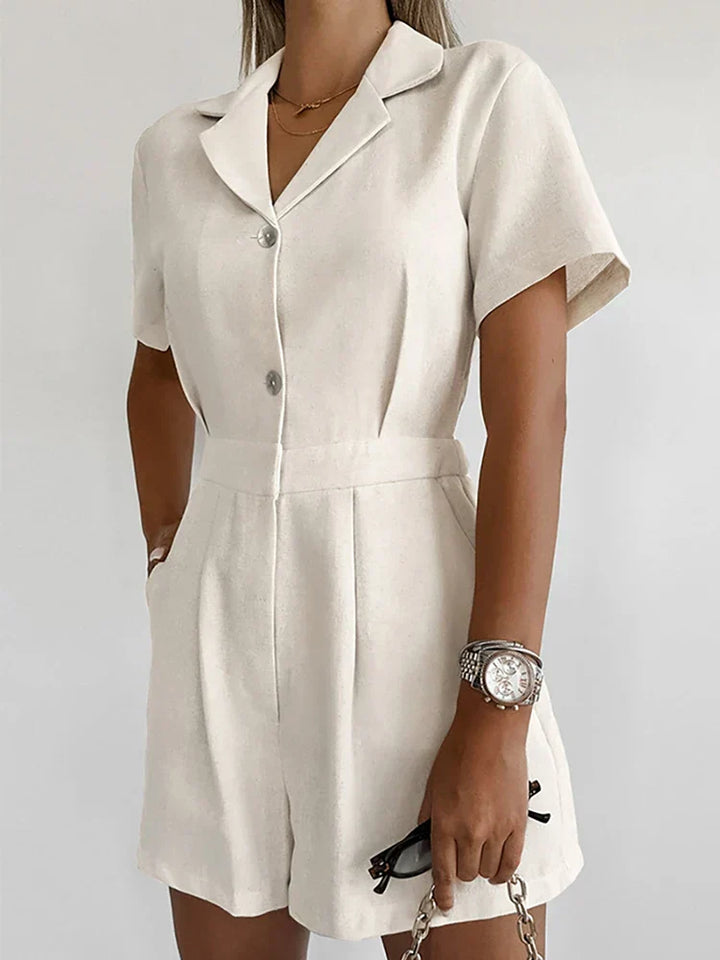 Casual beige linen one-piece jumpsuit for women, featuring short sleeves for summer comfort