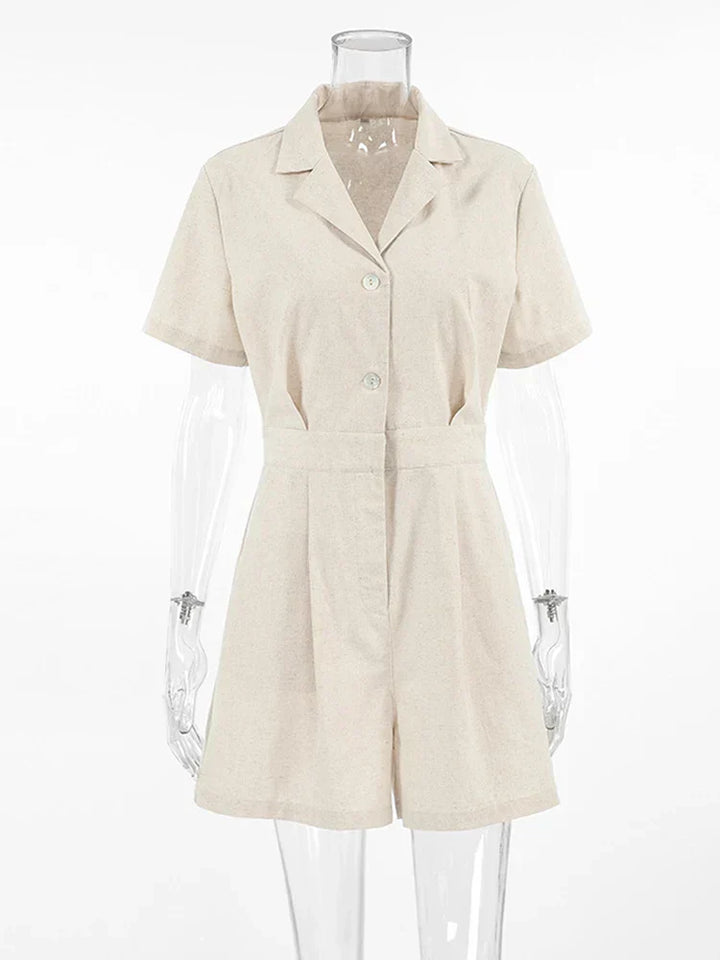 Women's summer fashion: Maelis beige linen jumpsuit with short sleeves, a comfortable outfit