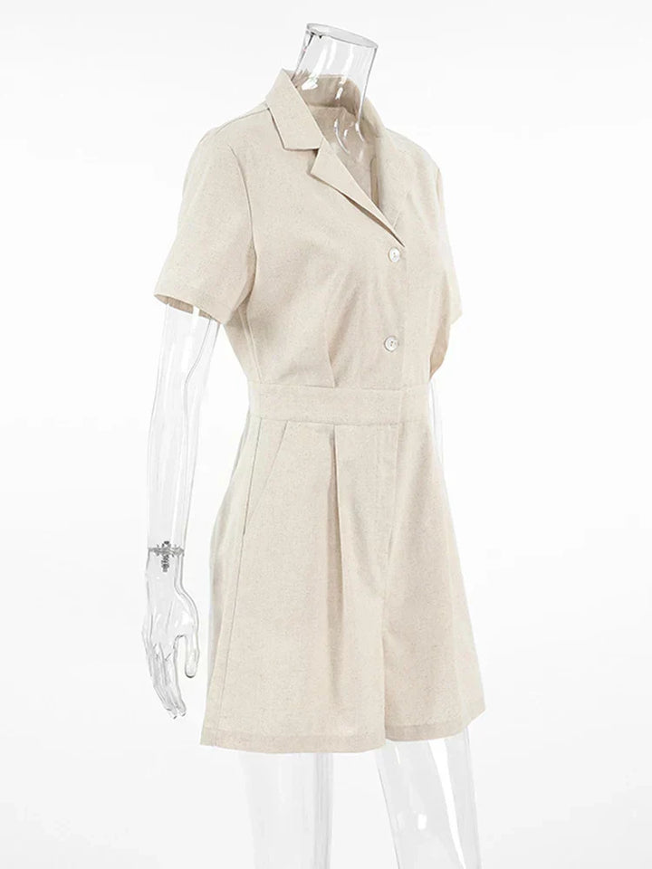 Office-friendly beige short sleeve linen jumpsuit for women, a versatile summer casual wear