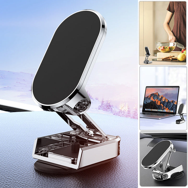 Universal adjustable MagMount Fold dashboard phone accessory.