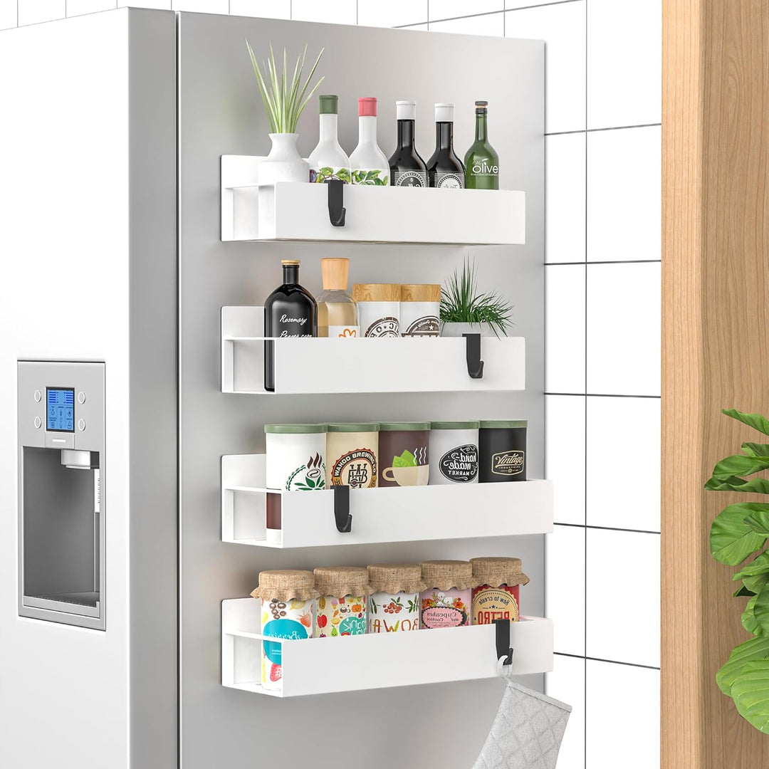 Close-up of magnetic spice shelves holding various spice jars for kitchen convenience