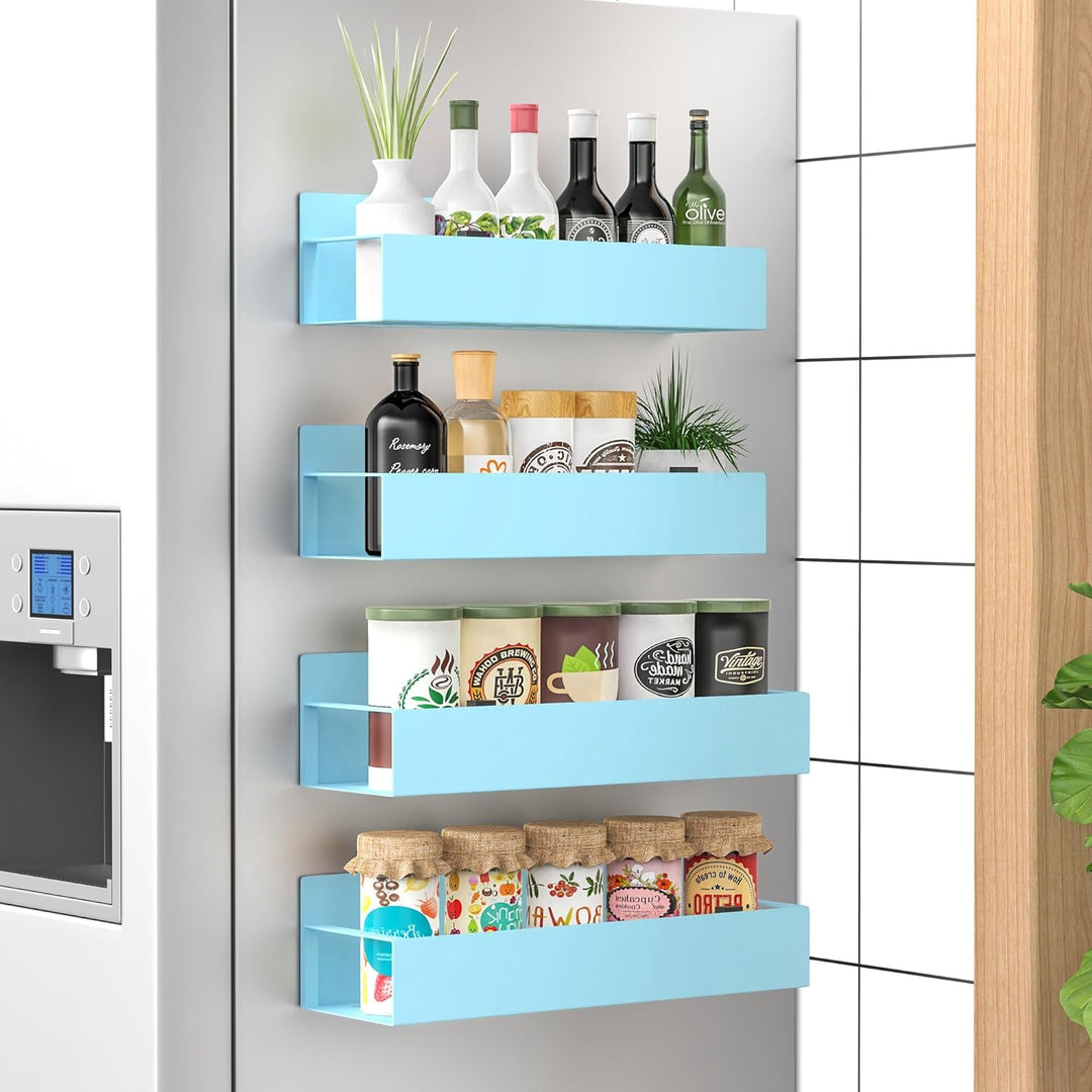 Organized kitchen counter with magnetic spice shelves mounted on a metallic surface