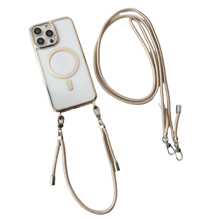 Hands-free MagSafe iPhone protective case with long, adjustable shoulder strap