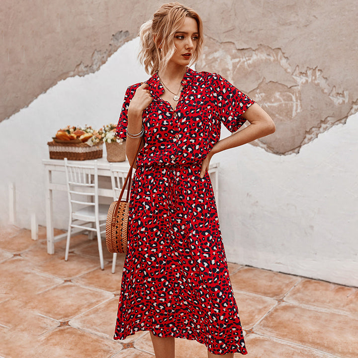 Women's printed V-neck A-line midi dress, designed for breezy summer fashion