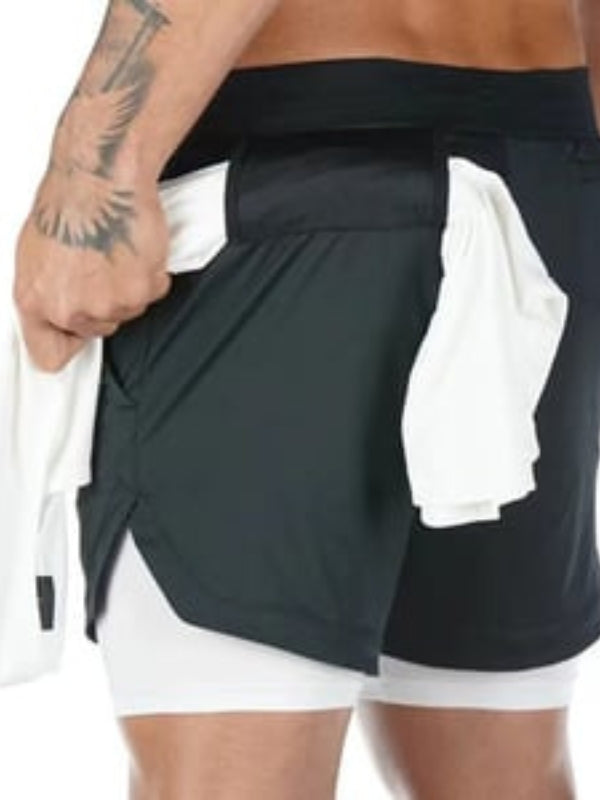 Side profile of men's 2-in-1 running shorts, showcasing integrated design for workouts.