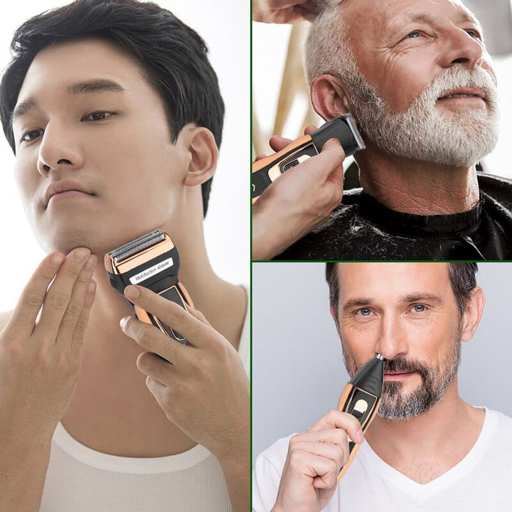 Versatile men's electric trimmer for beard, nose, and body hair. Portable grooming kit.