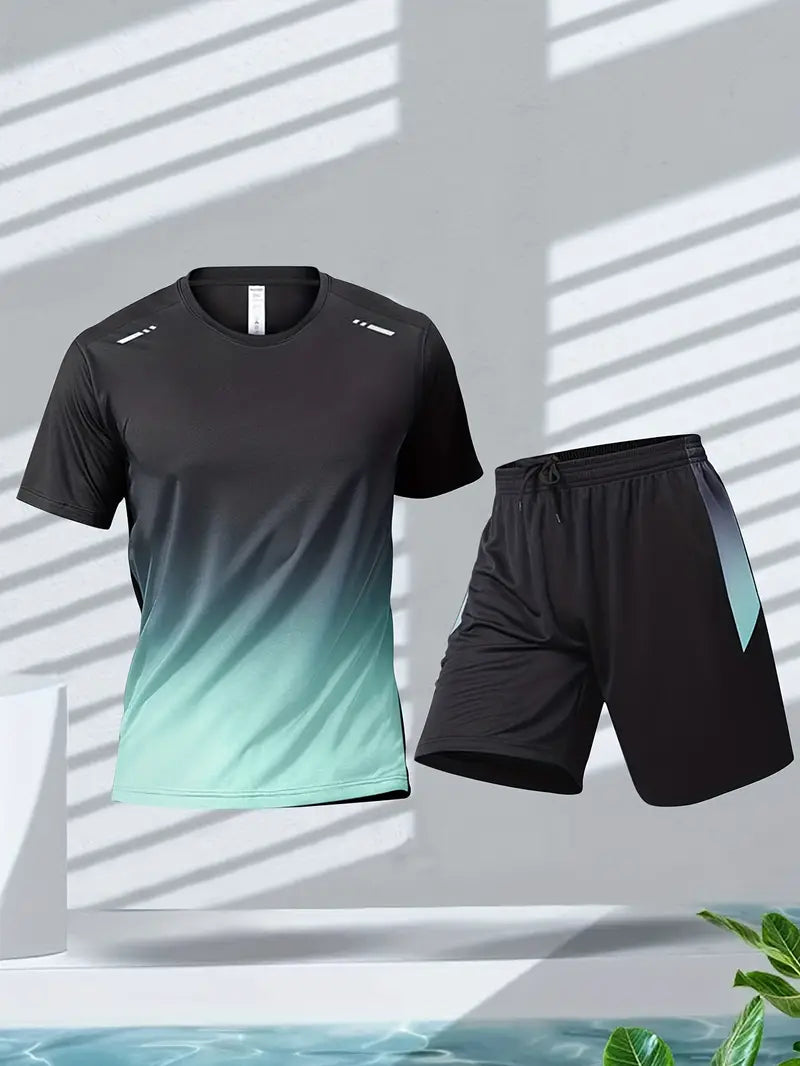 Men's ActiveMax 2-piece sports set: quick-dry, moisture-wicking polyester t-shirt & shorts for gym workouts.