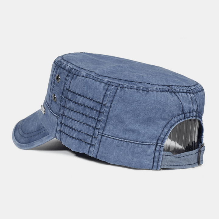 Rugged khaki men's adjustable military style flat cap, durable cotton for outdoor & casual fashion.