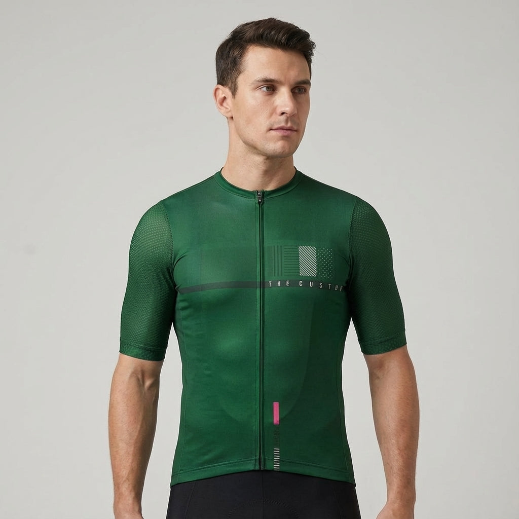 Men's Leslie cycling jersey, short sleeve, aero fit, showing full length zip, moisture wicking