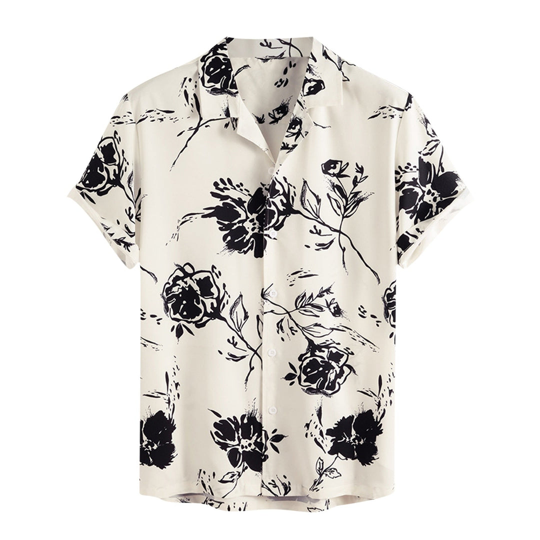 Men's AlohaVibes tropical print short sleeve button-up shirt in blue, perfect for summer fashion.