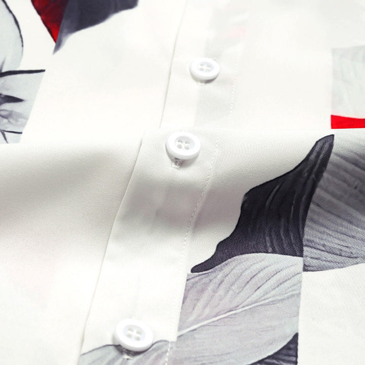 Detail of a men's polyester tropical shirt collar and buttons, showcasing quality summer fashion apparel.