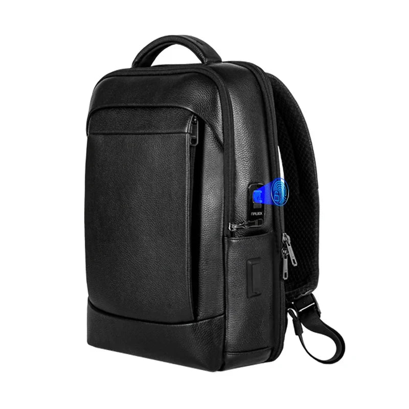 Men's anti-theft business laptop backpack, large capacity with fingerprint lock, black water-resistant fabric.