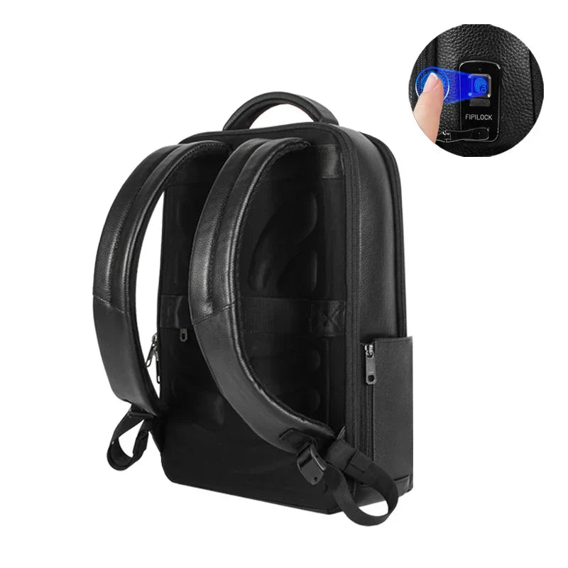 Water-resistant men's laptop bag with fingerprint security, demonstrating multiple pockets and comfortable straps.