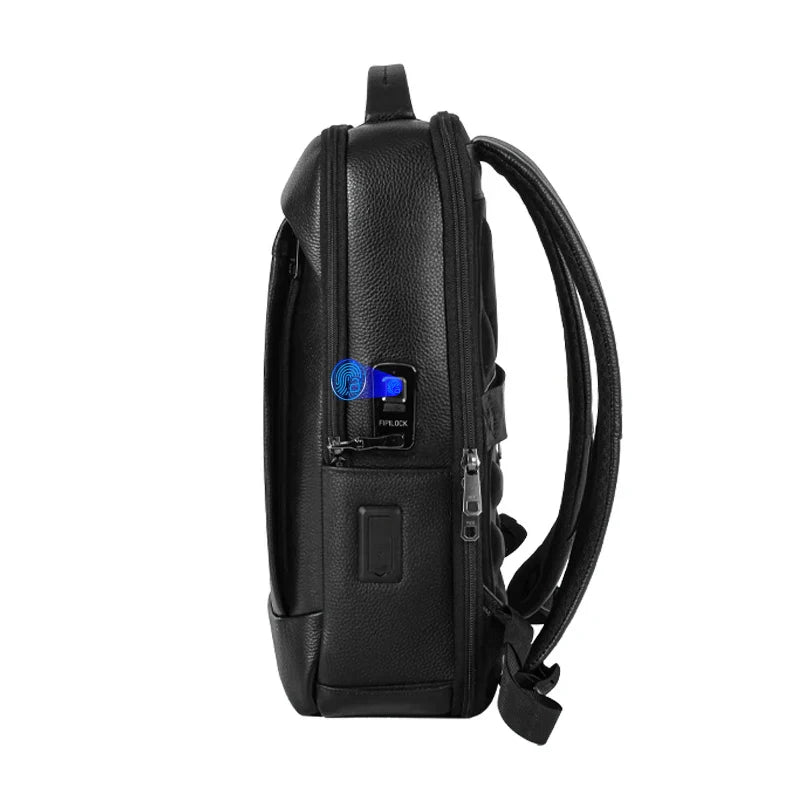 Black water-resistant business backpack for men, secure with integrated fingerprint locking system