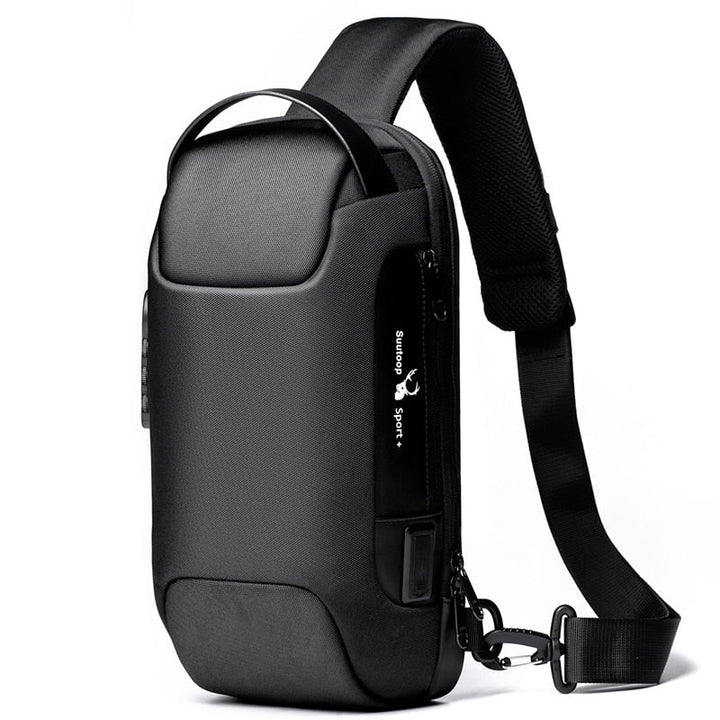 Men's anti-theft water-resistant crossbody bag with USB charging port.