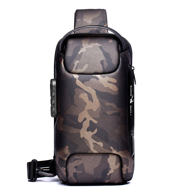 Water-resistant shoulder bag for men, anti-theft design, integrated USB port
