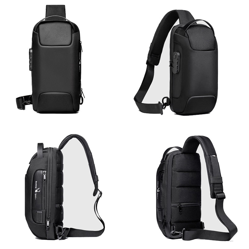 Stylish men's compact crossbody sling bag, water-resistant, anti-theft, USB port.