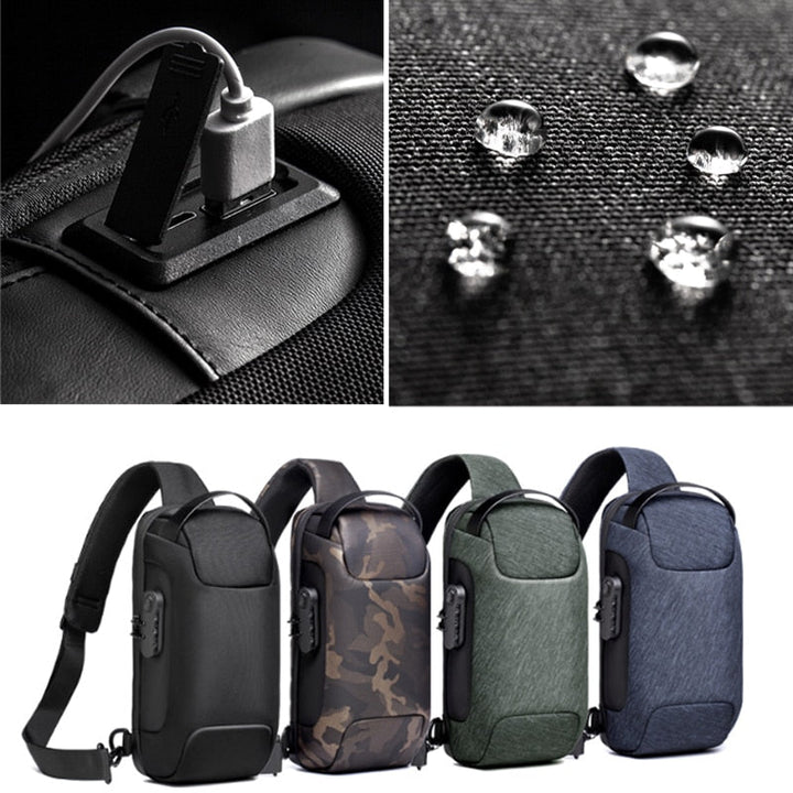 Water-resistant anti-theft shoulder bag for men, featuring a convenient USB charging port.