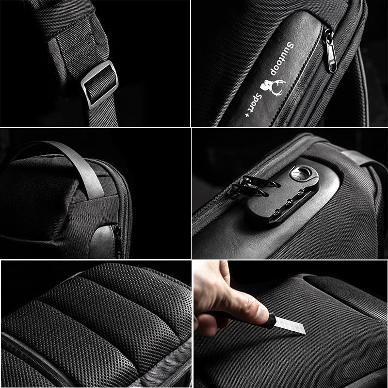 Side profile of men's compact water-resistant sling bag, USB charging